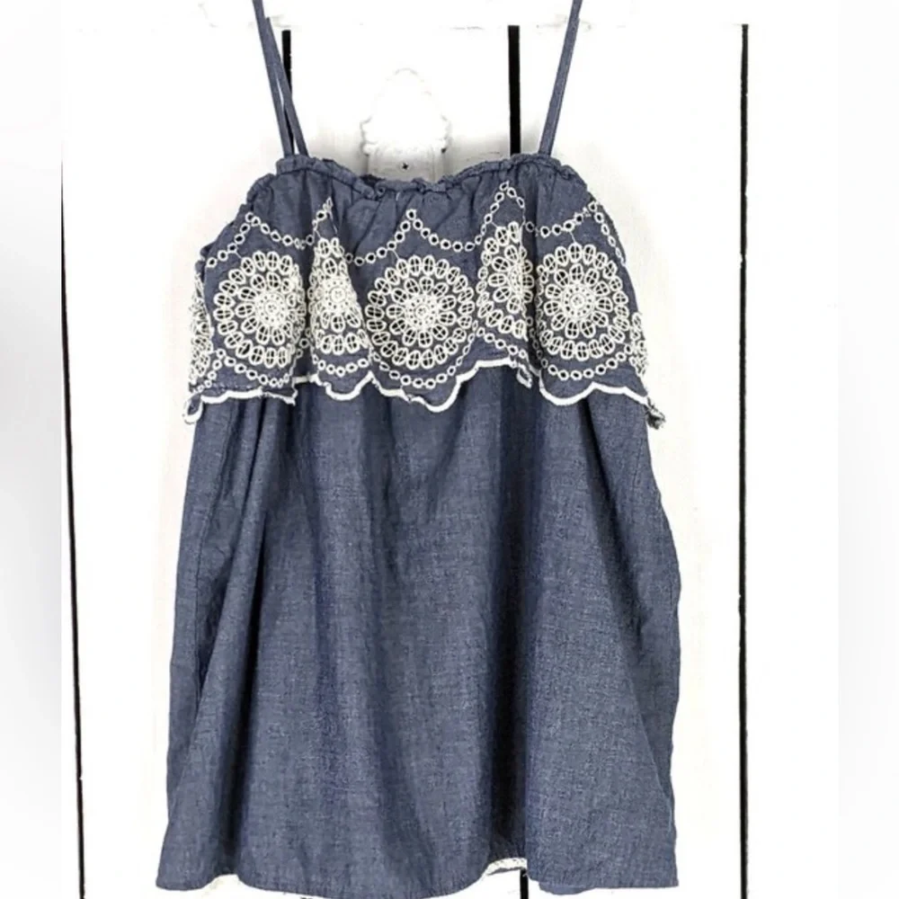 Baby Gap Blue Ivory Cotton Crochet Embroidered Baby Doll Top Dress Size 3